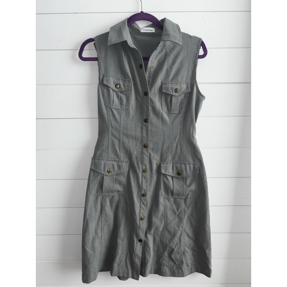 CALVIN KLEIN Womens Gray Belted Utility‎ Shirt Dress Sleeveless Size 4 0195